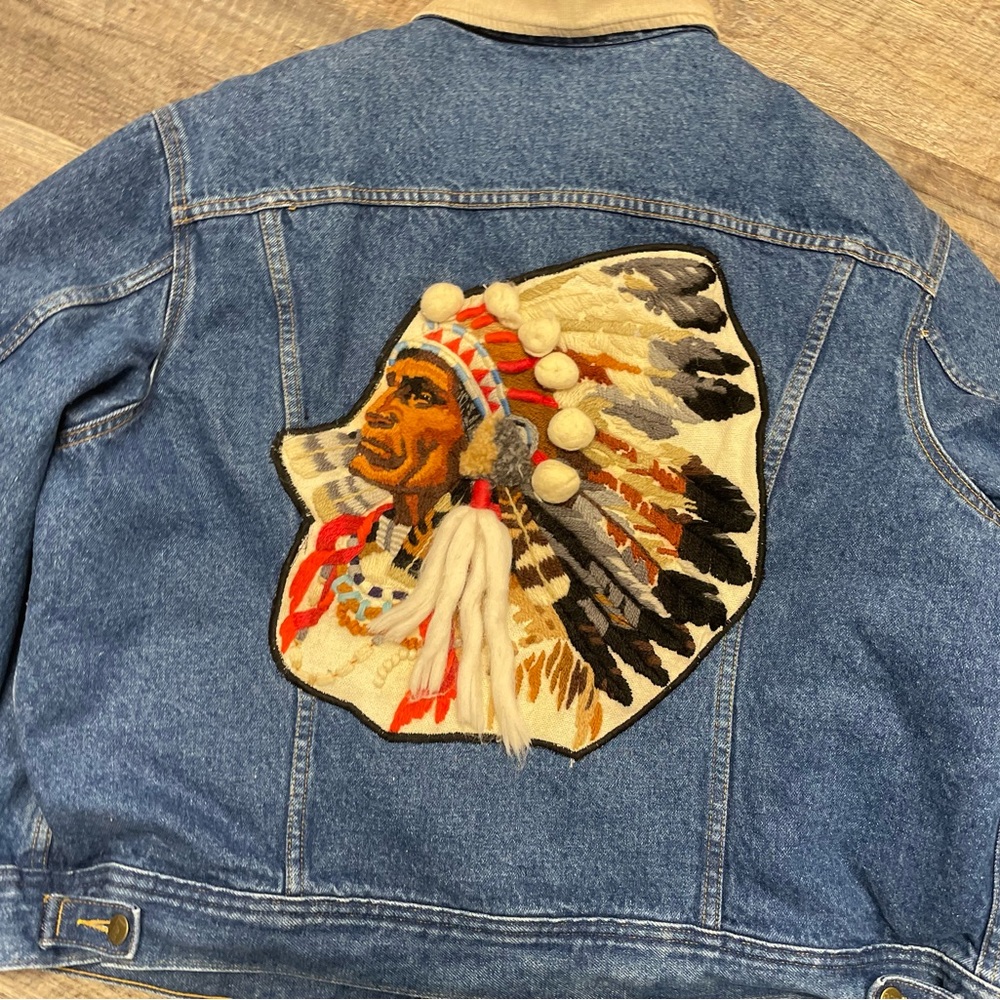 Lee Storm Rider Denim Jacket with Tan Collar, upcycled with Indigenous Chief.